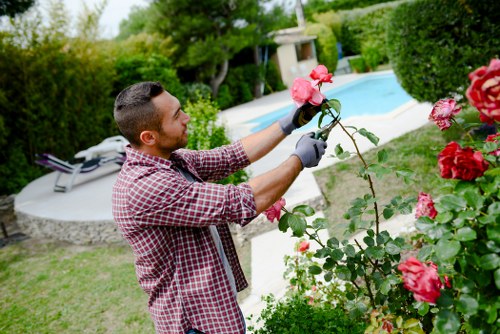 A gardener tending to a raised bed in an accessible garden space, showing pathways and handrails.