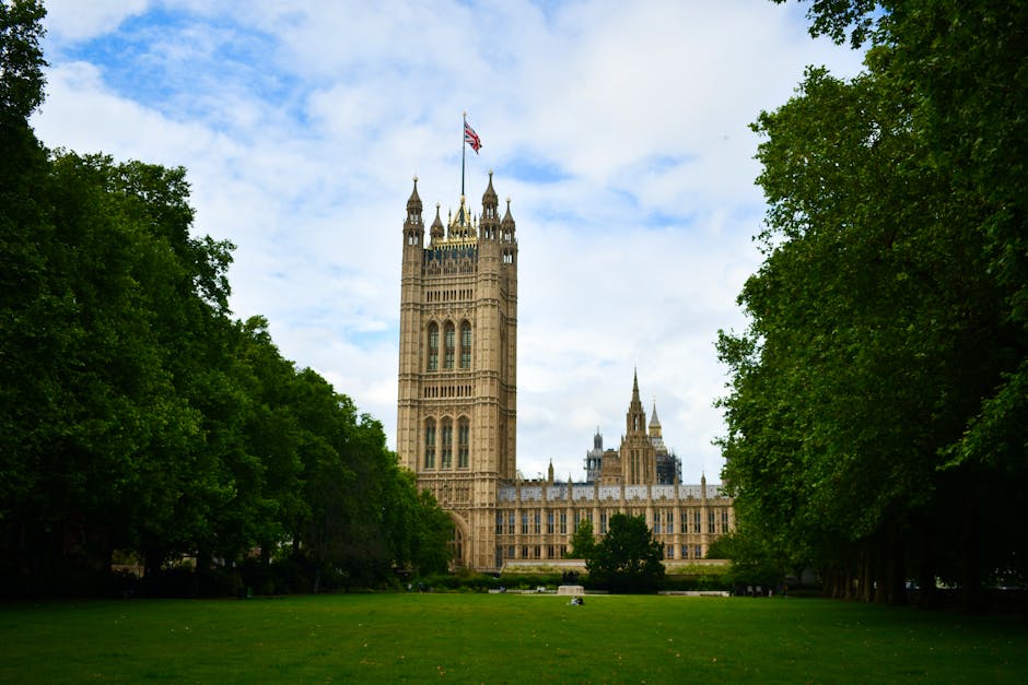 A clear view of the Palace of Westminster, also known as the Houses of Parliament, situated behind a well-maintained garden area. The garden features a neatly trimmed lawn with lush, green grass and s